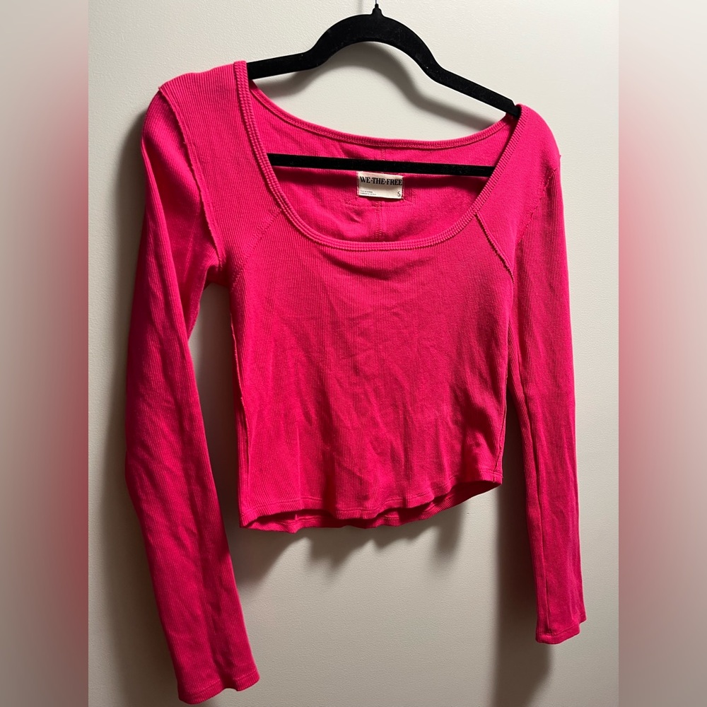 We The Free Hot Pink Cropped Scoop Neck Long Sleeve Top